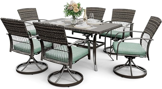 Pamapic 7 Piece Outdoor Dining Set, Rattan Outdoor Patio Furniture Set for Deck Backyard Garden with Iron Outdoor Dining Table, 6 Swivel Outdoor Dining Chairs and Removable Cushions (Green)