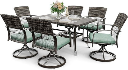 Pamapic 7 Piece Outdoor Dining Set, Rattan Outdoor Patio Furniture Set for Deck Backyard Garden with Iron Outdoor Dining Table, 6 Swivel Outdoor Dining Chairs and Removable Cushions (Green)