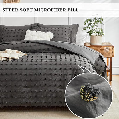 7 Pieces Tufted Dots Bed in a Bag Queen Comforter Set with Sheets Grey , Soft and Embroidery Shabby Chic Boho Comforters, Solid Color with Pom Pom Design, Jacquard Tufts Bedding Set for All Season