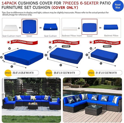 ClawsCover 14Pack Outdoor Patio Seat and Back Cushions Replacement Covers Fit for 7Pieces 6-Seater Wicker Rattan Sectional Couch Chair Furniture Set,Royal Blue-Include Cover Only (Large)