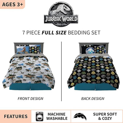Franco Kids Bedding Super Soft Comforter and Sheet Set with Sham, 7 Piece Full Size, Jurassic World
