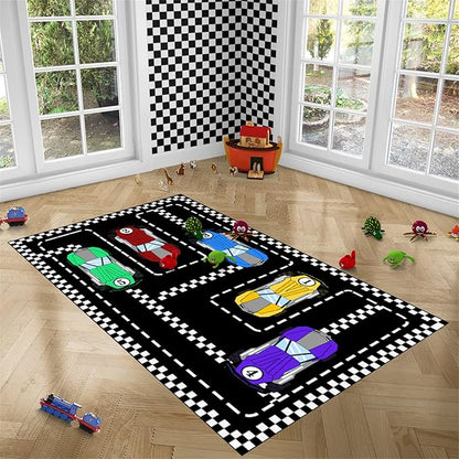 Car Rug Race Car Rug Car Track Rugs for Boys Race Track Carpet Race Car Track Rug Car Rug for Boys Room Car Rug Play Mat Car Carpet for Kids Rugs for Boys Bedroom,Black 5'×7'