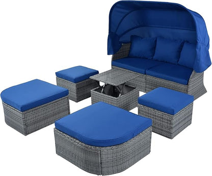 Rectangle Furniture Daybed Sunbed with Retractable Canopy, Outdoor Wicker Conversation Set with Cushions for Patio, Backyard, Porch, Garden, Bc-Blue + Rattan
