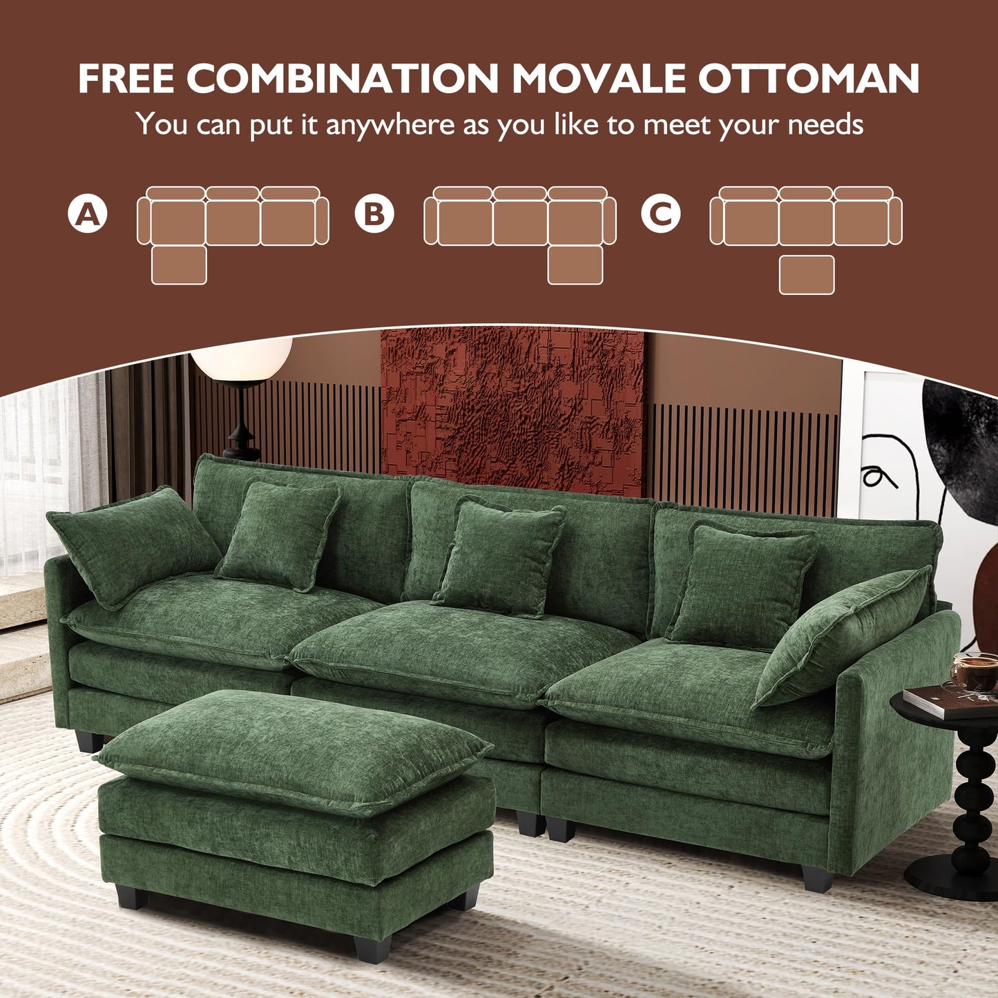 Ihanherry 111.4" L Shaped Modern Sofa Modular Sectional Cloud Couch with Ottoman, 4-Seat Chenille Deep Seat Sofa with Pillow for Living Room, Bedroom and Apartment, Beige