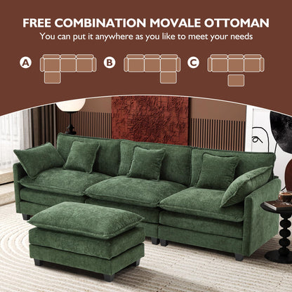 Ihanherry 111.4" L Shaped Modern Sofa Modular Sectional Cloud Couch with Ottoman, 4-Seat Chenille Deep Seat Sofa with Pillow for Living Room, Bedroom and Apartment, Beige