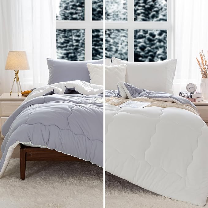 COTTEBED Winter Reversible Queen Bed Comforter Set, Warm Milk Cup Ultra-Soft Breathable Fluffy Cosy Full Size Bedding 1 Down Alternative Comrter & 2 Pillow Sham Winter Use Gray and White