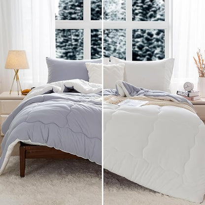 COTTEBED Winter Reversible Queen Bed Comforter Set, Warm Milk Cup Ultra-Soft Breathable Fluffy Cosy Full Size Bedding 1 Down Alternative Comrter & 2 Pillow Sham Winter Use Gray and White