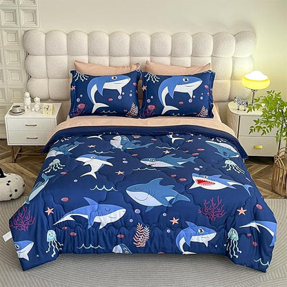 Boys Sharks Comforter Set Twin Size 7 Piece Cute Ocean Animal Jellyfish 3D Printed Bedding Set Bed in A Bag for Kids Girls Teens Lightweight Soft Bed Set All Seasons Navy Blue