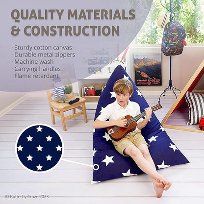 Butterfly Craze Bean Bag Chair Cover, Functional Toddler Toy Organizer, Fill with Stuffed Animals to Create a Jumbo, Comfy Floor Lounger for Boys or Girls, Stuffing Not Included, Navy Stars