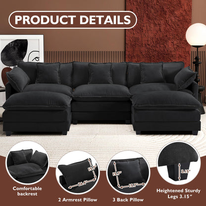 Ihanherry 111.4" L Shaped Modern Sofa Modular Sectional Cloud Couch with Ottoman, 4-Seat Chenille Deep Seat Sofa with Pillow for Living Room, Bedroom and Apartment, Beige