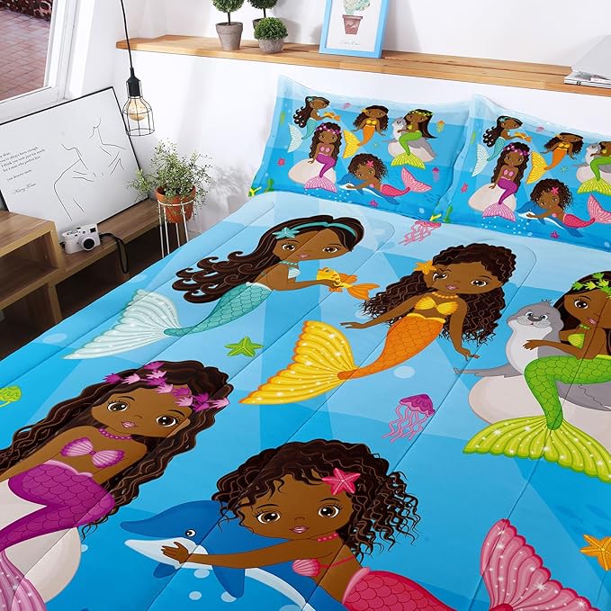 Little Mermaid Bedding, Black Girl Comforter Set Twin Size, Black Mermaid Bedroom Decor for Girls, Princess Twin Bed Set for Kids Teens with 1 Comforter and 2 Pillow Cases