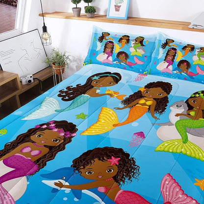 Little Mermaid Bedding, Black Girl Comforter Set Twin Size, Black Mermaid Bedroom Decor for Girls, Princess Twin Bed Set for Kids Teens with 1 Comforter and 2 Pillow Cases