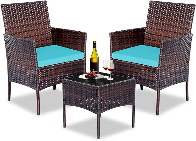 Patio Furniture Set 3 Pieces All-Weather Rattan Outdoor Furniture Patio Chairs with Tempered Glass Table for Porch Bistro Balcony Bistro Set(Brown/Blue)
