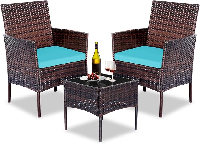 Patio Furniture Set 3 Pieces All-Weather Rattan Outdoor Furniture Patio Chairs with Tempered Glass Table for Porch Bistro Balcony Bistro Set(Brown/Blue)