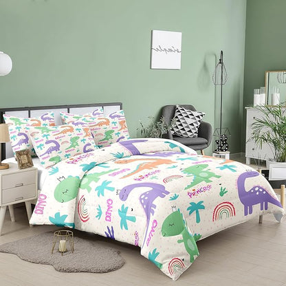 NINENINE Dinosaur Bedding Sets for Kids,Twin Comforter Sets for Girls,Girls Dinosaur Comforter Bedding Sets,Kawaii Cartoon Comforter Sets with 1 Comforter 1Pillowcase