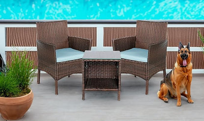 BTEXPERT Space Saving Outdoor Wicker Conversation 3 Piece Bistro Set Garden Patio Yard Porch Furniture Pe Rattan Two Chairs Cushions Side Storage Table Brown/Aqua Blue, OneSize