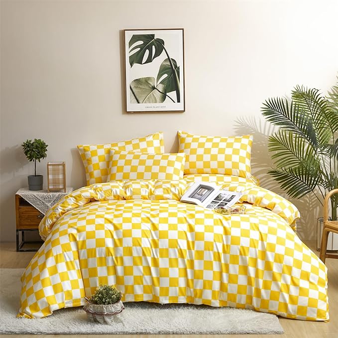 Wellboo Yellow and White Comforter Sets California King Women Men Bright Yellow Checkerboard Grid Bedding Comforters Cotton Modern Yellow Checkered Geometric Quilts Cal King Luxury Elegant Yellow Bed