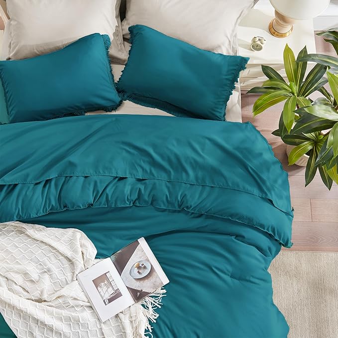 Andency Turquoise Comforter Set Queen, 3 Pieces Boho Teal Tassel Lightweight Bedding Comforter Sets, All Season Teal Blue Soft Fluffy Fringe Bed Set (90x90In Comforter & 2 Pillowcases)