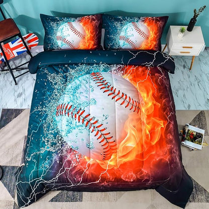 Andency 3D Baseball Comforter Twin(66x90 Inch), 2 Pieces(1 Baseball Comforter, 1 Pillowcase) Sport Microfiber Baseball Comforter Bedding Set for Boy Kids