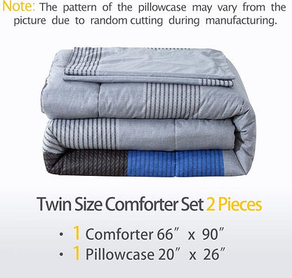 Andency Twin Comforter Set Blue (66x90 Inch), 2 Pieces Patchwork Striped Comforter Bed Sets for Boys, Soft Microfiber Down Alternative Comforter Bedding Set with Corner Loops