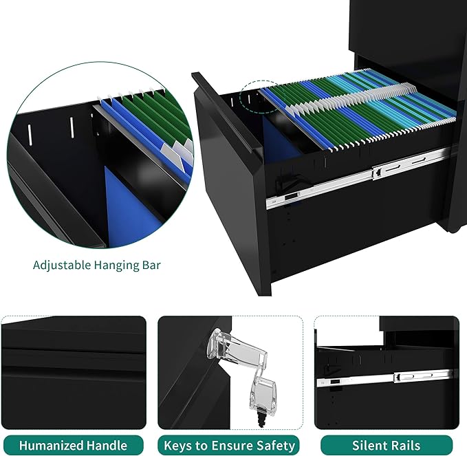 YITAHOME 2-Drawer Vertical File Cabinet with Lock, 20” Deep Mobile Metal Filing Cabinet for Legal/Letter Size, 20” Height Pre-Built Office Storage File Cabinet Except Wheels Under Desk - Black