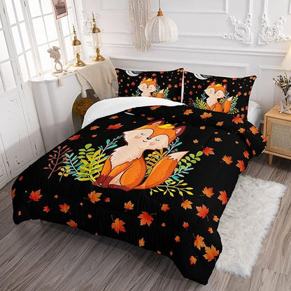 Cartoon Fox Comforter Set 3-Pieces Cute Fox Bedding Set Moon Plants Leaves Printed Quilt Set for Kids Boys Girls with 2 Pillowcases Queen