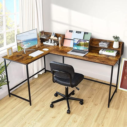 LUARANE 65.5 Inches L-Shaped Desk, Industrial Computer Desk with Hutch File Rack, Space Saving Corner Desk with Metal Frame, Computer Workstation for Home Office (Coffee)