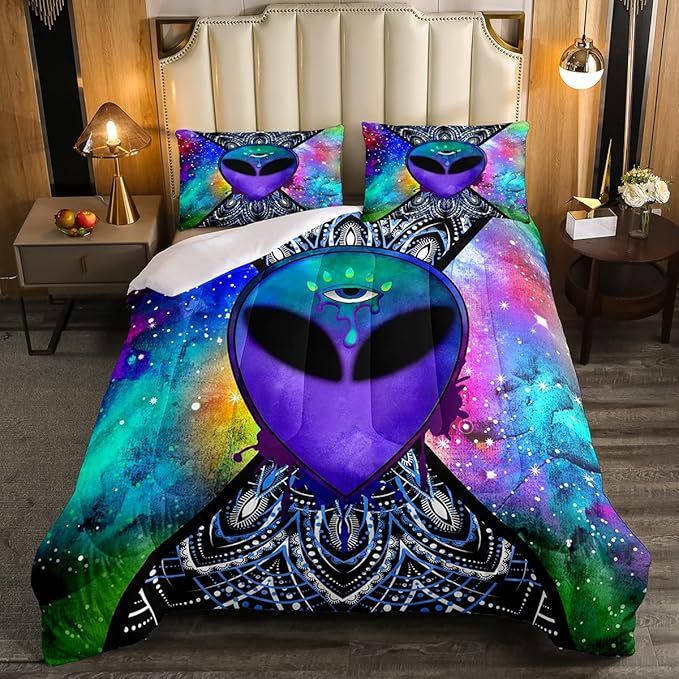 Erosebridal Trippy Alien Comforter Set Twin, Boho Tie Dye Bedding Sets for Kids Teens Adult Galaxy Outer Space Down Comforter Psychedelic Hippie Skull Duvet Sets 2 Pieces with 1 Pillow Case