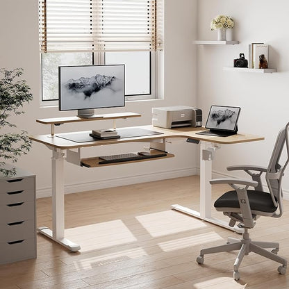 EUREKA ERGONOMIC Standing Desk Adjustable Height 61" Electric Sit Stand Computer Desk L Shaped with Keyboard Tray,Monitor Stand &LED, Dual Motor Memory Presets Sit to Desk Adjustable Desk, Right/Maple