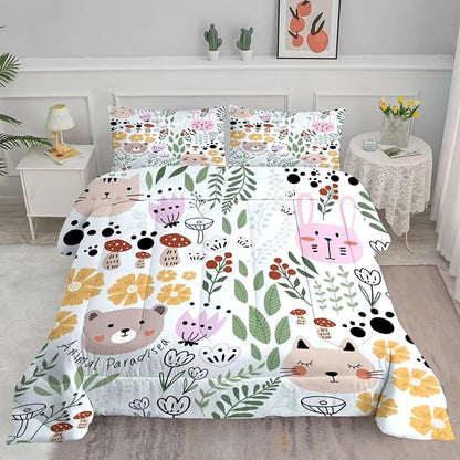 Floral Cartoon Cat Comforter Set Bedding Twin Size for Girls Boys Kids Children Green Animals Print Bedroom Dorm Quilt 1 Comforter + 1 Pillow Case