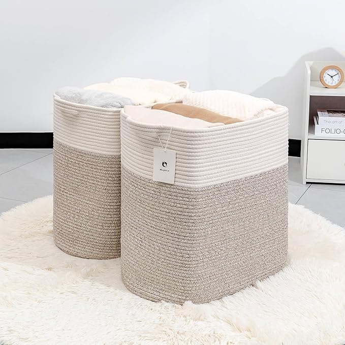 Toy Storage Baskets for Clothes Fabric Cotton Rope Storage Basket with Handles, Decorative Woven Basket for Living Room,Closet Organizer Blankets, and Toys (White Brown 2bags)