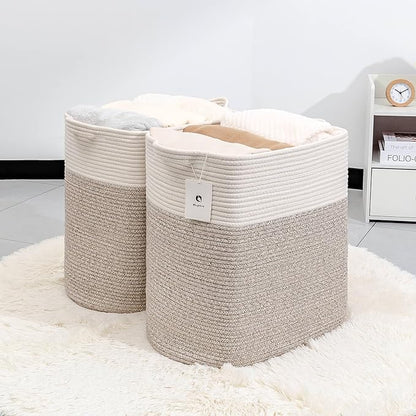 Extra Large Tall Basket Folding Bamboo Rectangle Handle Bins With Handle, Bathroom Dirty Clothes Basket, Bedroom, Toy, Pillows, Closet Organizer White Brown Collapsible Laundry Baskets