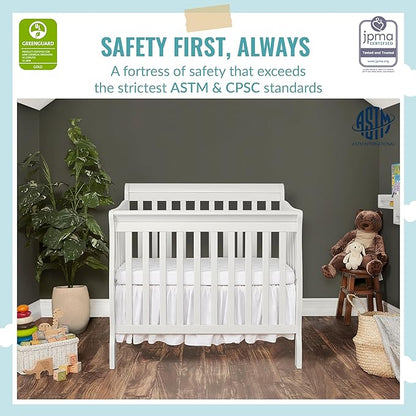Aden 4-in-1 Convertible Mini Crib In White, Greenguard Gold Certified, Non-Toxic Finish, New Zealand Pinewood, With 3 Mattress Height Settings