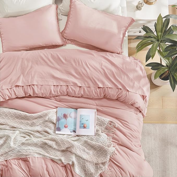 Andency Pink Comforter Set California King for Girls, Blush Boho Women Tassel Lightweight Bedding Comforter Sets, 3 Pieces All Season Soft Fluffy Fringe Bed Set (104x96In Comforter & 2 Pillowcases)