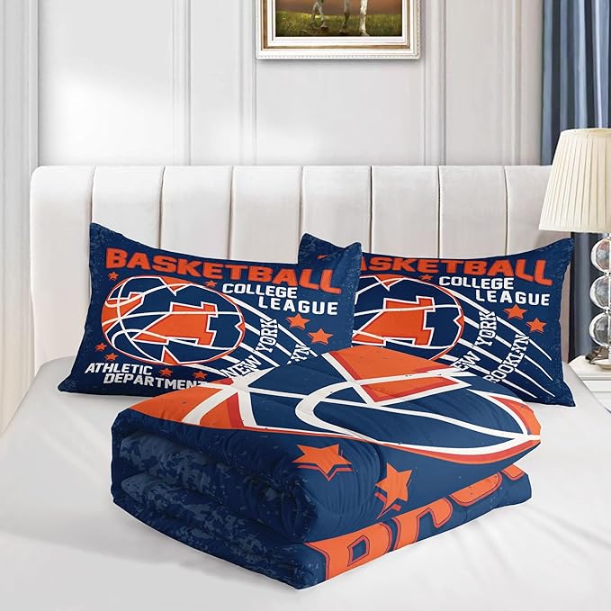 Datura home Basketball Comforter Sets for Boys Kids,Orange Blue Theme Basketball Championship American Style,Duvet 3Pcs in Quilt Sets with 1 Comforter and 2 Pillowcases(Orange Full)