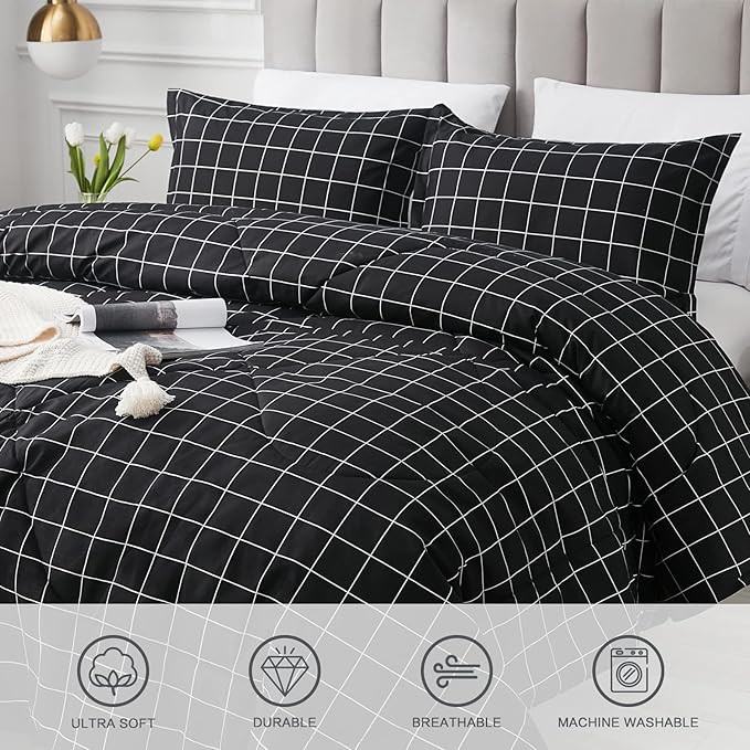 Andency Black Grid Comforter Set King Size (104x90 Inch), 3 Pieces(1 Grid Comforter and 2 Pillowcases), Summer Lightweight Microfiber Down Alternative Black Comforter with White Lines