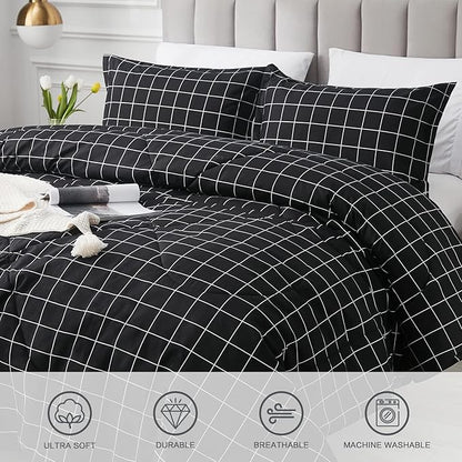 Andency Black Grid Comforter Set King Size (104x90 Inch), 3 Pieces(1 Grid Comforter and 2 Pillowcases), Summer Lightweight Microfiber Down Alternative Black Comforter with White Lines