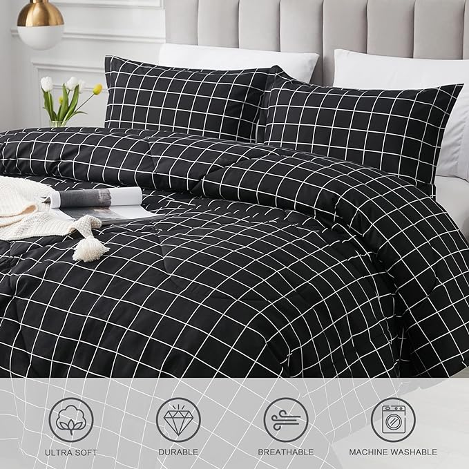 Andency Black Grid Comforter Set Queen Size (90x90 Inch), 3 Pieces(1 Grid Comforter and 2 Pillowcases), Summer Lightweight Microfiber Down Alternative Black Comforter with White Lines