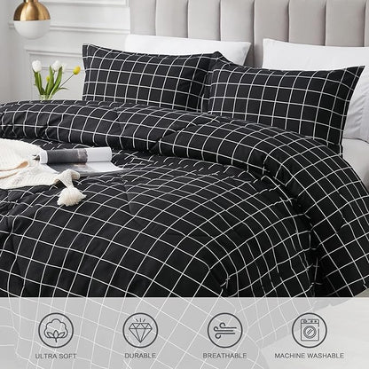 Andency Black Grid Comforter Set Queen Size (90x90 Inch), 3 Pieces(1 Grid Comforter and 2 Pillowcases), Summer Lightweight Microfiber Down Alternative Black Comforter with White Lines