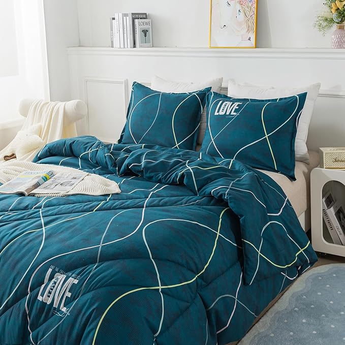 Blue Green Comforter Set Twin Size, 2 Pieces Modern Lines Pattern with Love, Soft Microfiber Bedding Comforter Set, Down Alternative Comforters for All Season (68 * 90’’)