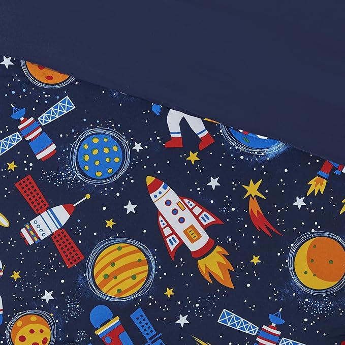 Mi Zone Kids Jason Cozy Comforter Outer Space Rocket Ships, Astronauts Print, All Season Cover, Hypoallergenic Bedding Set, Matching Sham, Decorative Pillow, Twin(66" Wx86 L), Multi 3 Piece