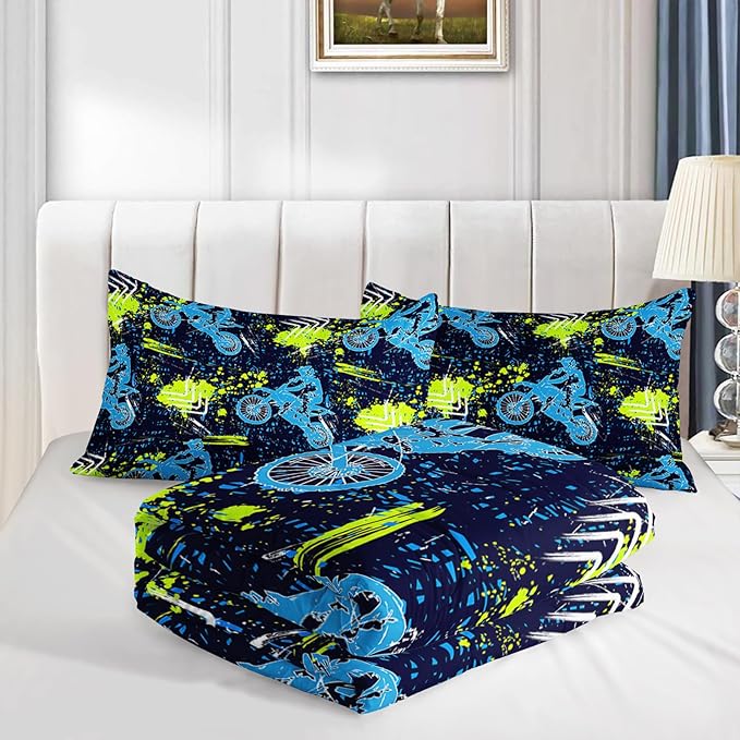 Axolotl Boys Dirt Bike Bedding Set Full,Dirt Bike Comforter Set,Extreme Sports Tie Dye Bedding Set Motor Biker,Motocross Rider Comforter Set for Boys Kids Teens Men,1 Quilt 2 Pillowcases,Blue Green
