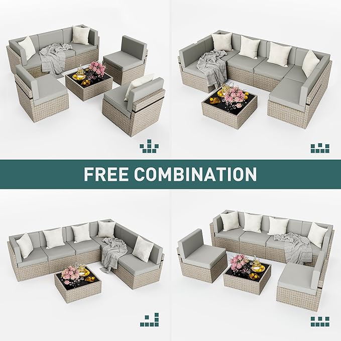 Pamapic Patio Furniture Set, 7 Pieces Modular Outdoor Sectional,Wicker Patio Sectional Sofa Conversation Set, Rattan Sofa with Coffee Table and Washable Cushions Covers, Grey Rattan(Grey Cushions)