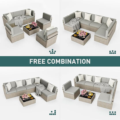 Pamapic Patio Furniture Set, 7 Pieces Modular Outdoor Sectional,Wicker Patio Sectional Sofa Conversation Set, Rattan Sofa with Coffee Table and Washable Cushions Covers, Grey Rattan(Grey Cushions)