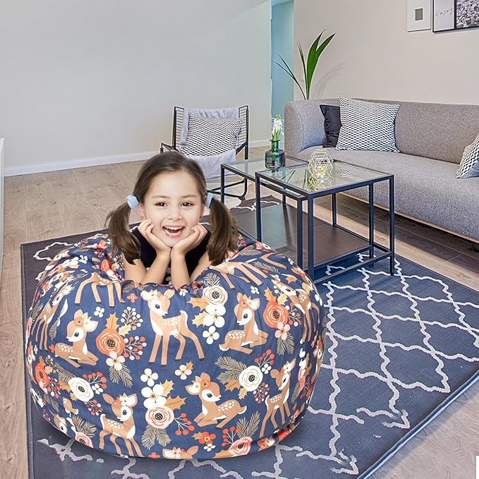 Stuffed Animal Storage Bean Bag Chair Cover, Hold Kids Plush Toys Blankets Towels Beanbag (Cover Only), Canvas Floor Circle Stuff Sit Seat Sofa with YKK Zipper, Extra Large 38", Fawn