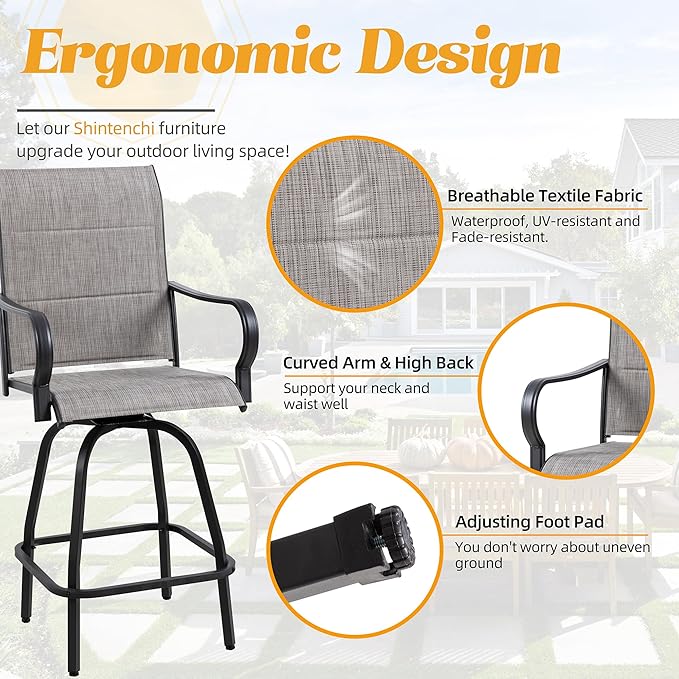 Shintenchi HGB-GR-C patio bar sets, Set of 2, Padded Gray