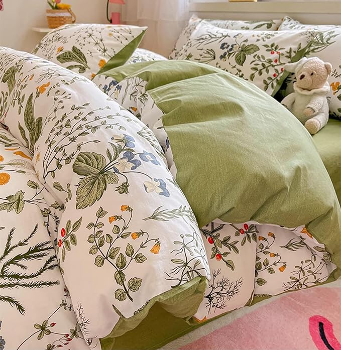 Botanical Comforter Set Twin Cotton White and Green Floral Plant Bedding Set Garden Pattern Printed on White Reversible Blanket 3 PCs 1 White Comforter 2 Pillowcases