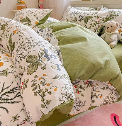 Botanical Comforter Set King White and Sage Green Floral Plant Bedding Set Garden Pattern Printed on White Women Reversible Blanket 3 PCs Girls Breathable White Floral Bed Comforter Set