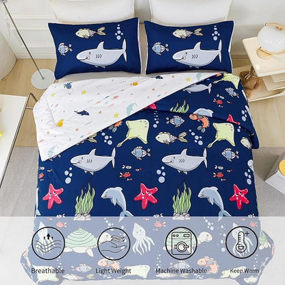 RYNGHIPY Kids Bedding Set for Twin Bed Reversible Ocean Animals Print Comforter Set for Boys Girls Easy-Wash Super Soft Microfiber Bed Set (Navy Ocean,Twin)