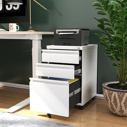 3 Drawers Mobile File Cabinet, Rolling File Cabinet Fully Assembled Under Desk, Metal Filing Cabinet with Lock for Home Office Organizer Letters/Legal/A4 (White)